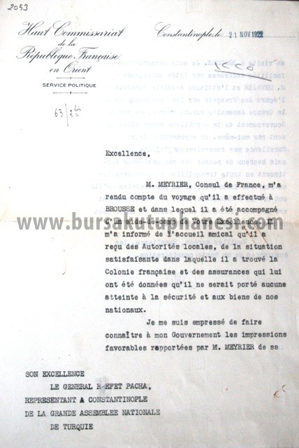 Belge-General Pelle'nin Bursa'daki Fransızlara yapılan muamele hakkındaki yazısı 21.11.1922