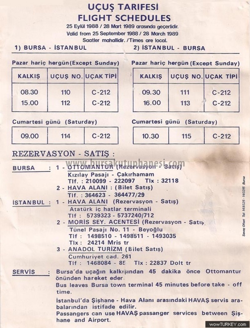 Broşür-Bursa Havayolları 1980 yılı tarifesi
