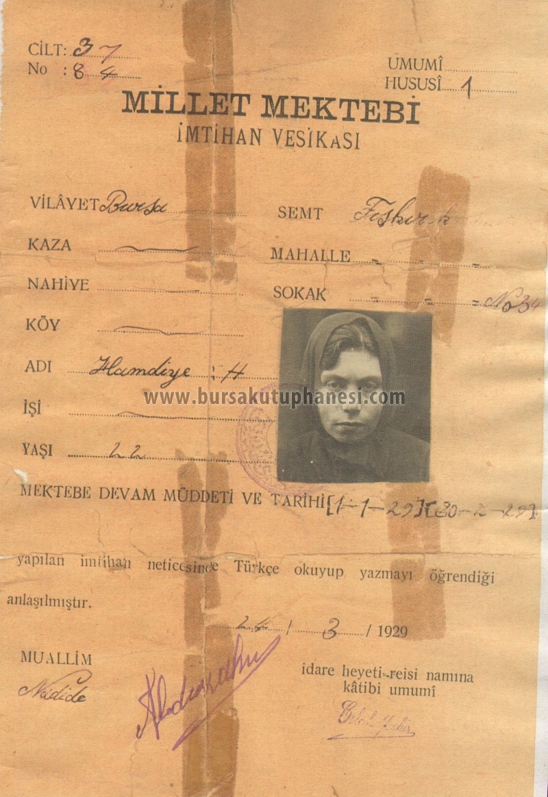 Bursa, Millet Mektebi İmtihan Vesikası, Hamdiye hn.