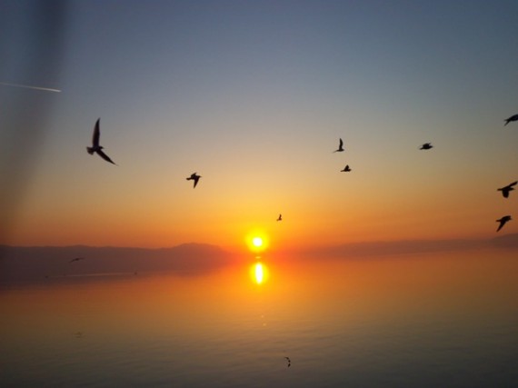 İki Dağın arasından İznik Gölünde güneşin batışı, ördekler ve uçak aynı karede