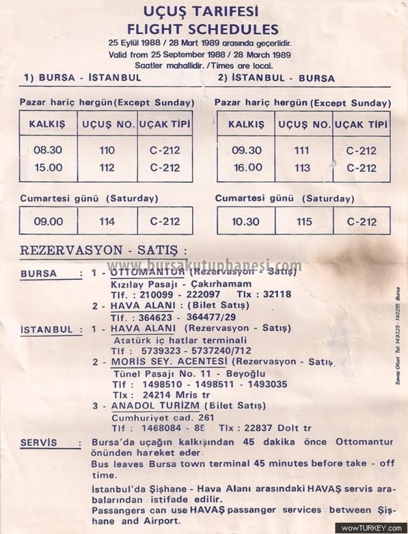 Bursa Hava Yolları Uçakları 1980 tarife