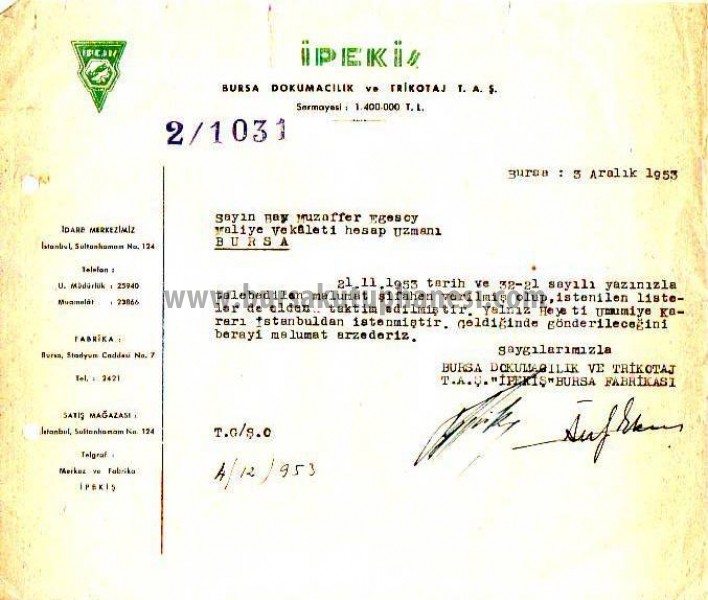 Belge-Bursa-İpekiş-Antetli-Kağıda-Yazışma-1953