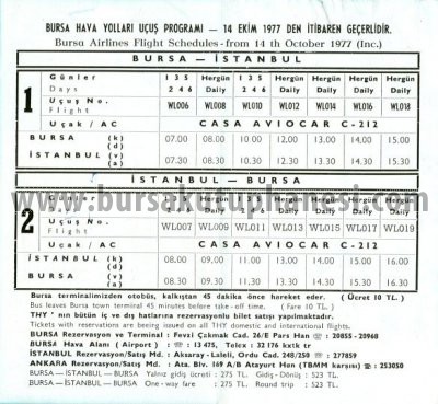 14 Ekim 1977 - Bursa Hava Yolları Uçuş Planı