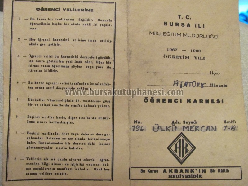 Atatürk İlkokulu öğrenci karnesi