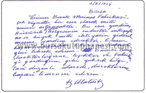 Atatürk'ün Merinos'a el yazısı notu.