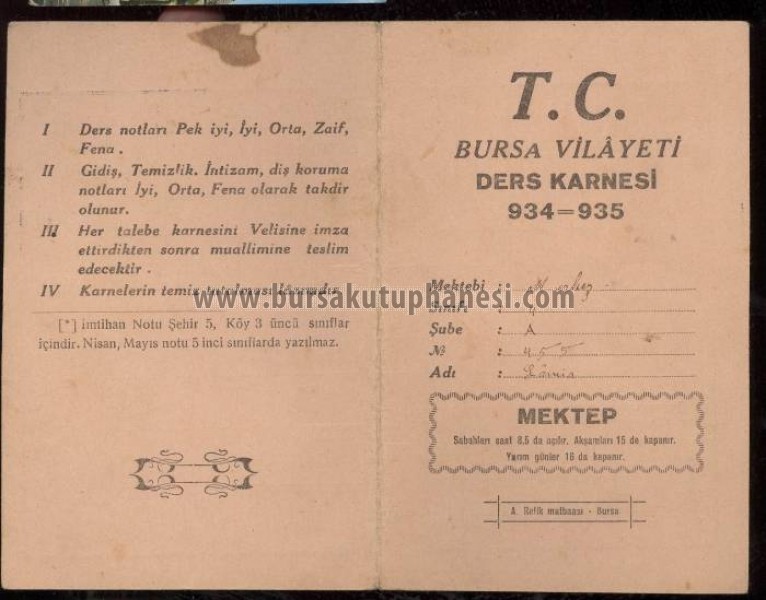 1934-1935 Bursa vilayeti ders karnesi.