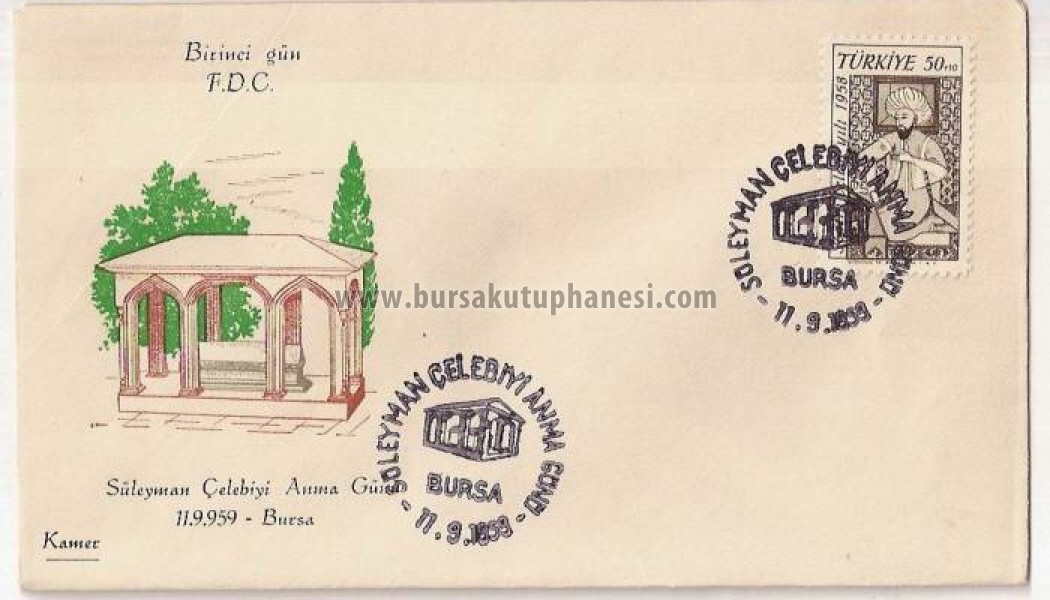 1959, Bursa Süleyman Çelebi anma günü davetiyesi içeren pullu ve damgalı zarf.