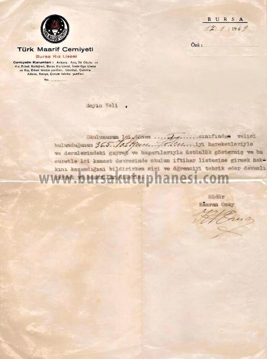 Kız Lisesi İftihar Belgesi - 1949