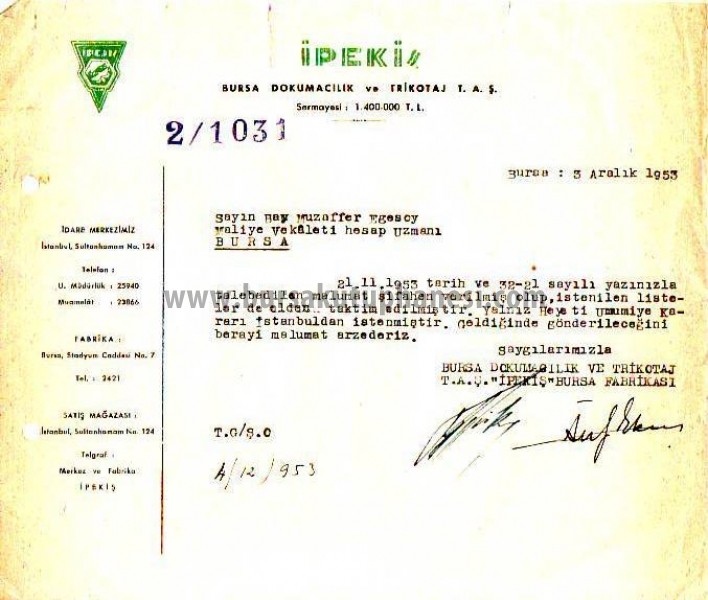 Bursa, İpekiş antedli kağıda yazışma, 1953