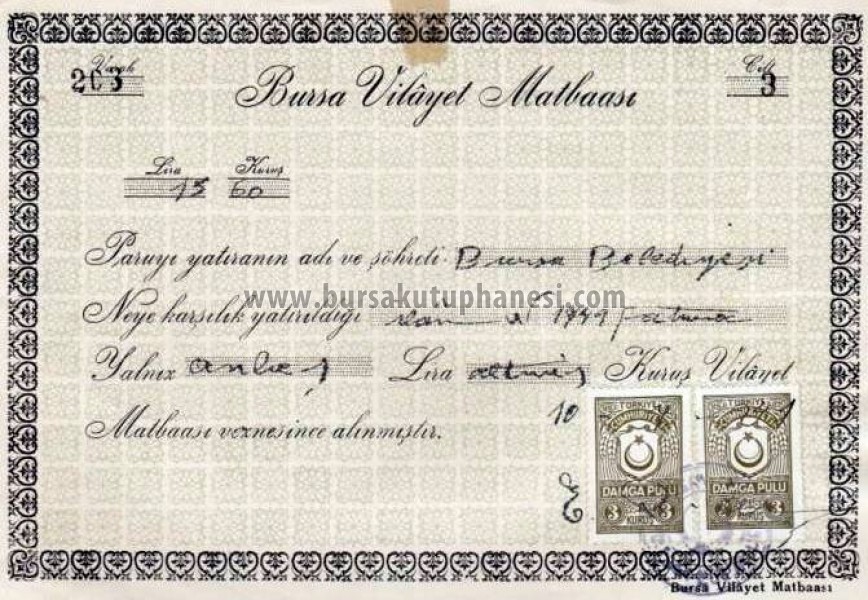 1941, Bursa vilayet matbaası, Bursa Belediyesine.