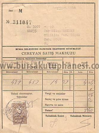 Bursa ili cereyan satış makbuzu, 1955