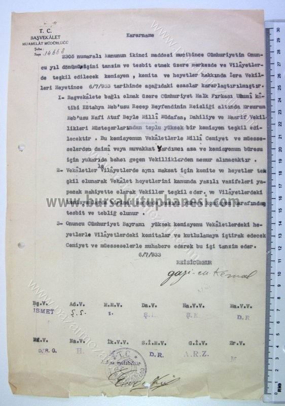 Atatürk'ün 10. yıl kutlama emirnamesi