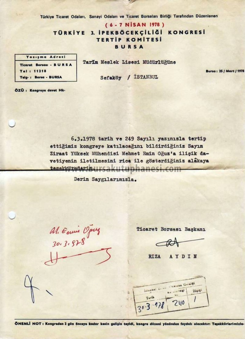 Bursa, İpekböcekçiliği kongresine davet yazısı