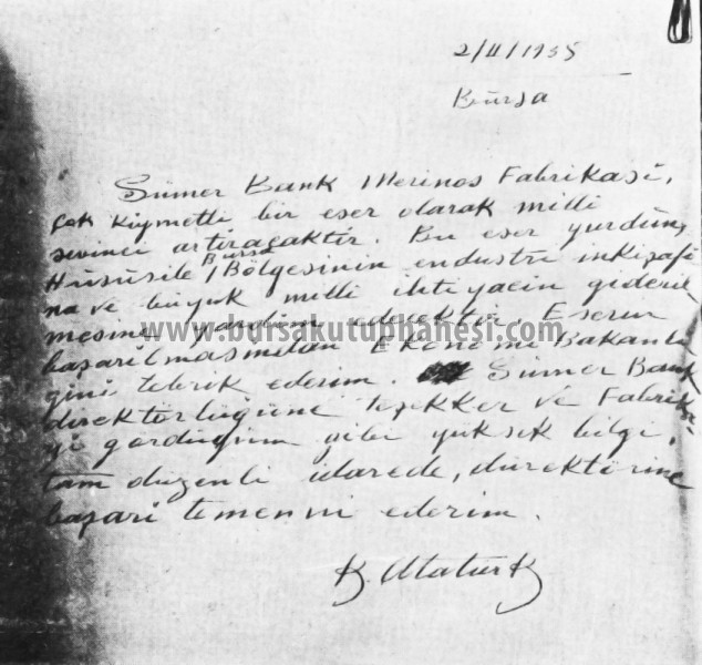 Atatürk'ün Merinos Fabrikasının Açılışı İçin Yazdığı Not